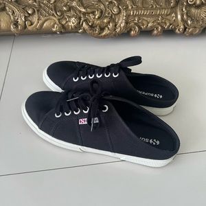 SUPERGA Womens Black/White Logo Lace Up Mule Style Cotu Round Toe Slip On